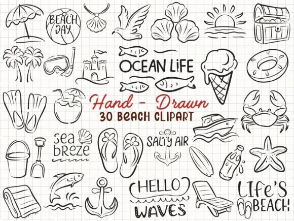 Download Beach Svg Bundle, Ocean Clipart Doodle - Doodle Collection